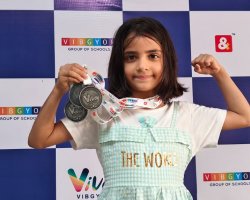 Nayna Bishnoi of Std I E won 3 silver medals in U 6 20 m Freestyle, Backstroke and Butterfly stroke